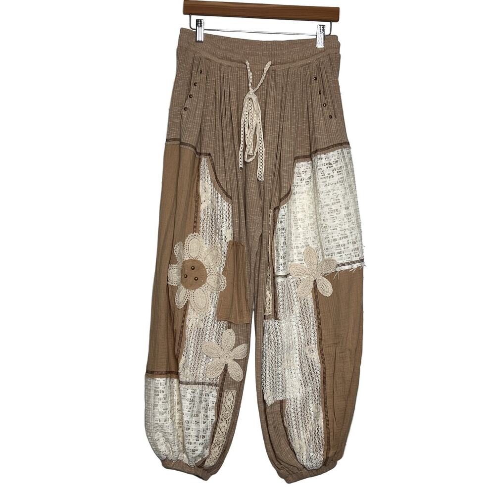 POL Patchwork Lace Harem Jogger Pants Women's Small Brown White Drawstring - Picture 2 of 10